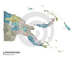 Papua New Guinea higt detailed map with subdivisions. Administrative map of Papua New Guinea with districts and cities name,