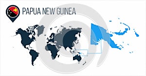 Papua New Guinea map located on a world map with flag and map pointer or pin. Infographic map. Vector illustration isolated on