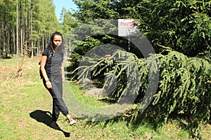 Papuan girl crossing border of Czechia and Germany