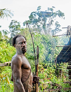 The Papuan from a Korowai tribe, live in the houses built on trees. On a background traditional Koroway house perched in a tree