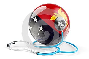 Papuan New Guinean flag with stethoscope. Health care in Papua New Guinea concept, 3D rendering