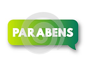 Parabens (Happy Birthday in Portuguese) text message bubble, concept background