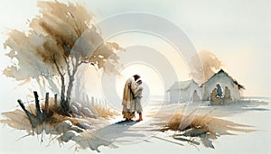 Parable of the Prodigal Son. 20th Parable of Jesus Christ. Watercolor Biblical Illustration