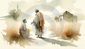 Parable of the Prodigal Son. 20th Parable of Jesus Christ. Watercolor Biblical Illustration