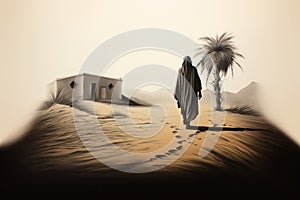 Parable of the Prodigal Son. Desert landscape with a hut and palm trees