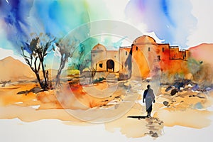 Parable of the Prodigal Son. A man walks in the middle of the desert. Watercolor painting.