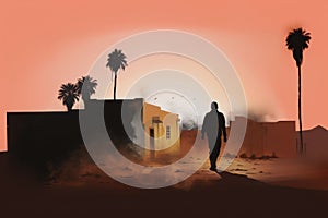 Parable of the Prodigal Son. Silhouette of a man walking in the desert with palm trees