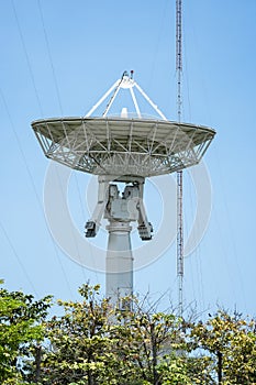 Parabolic antenna satellite dish located in front of telecommunication tower with a clear blue sky in the background