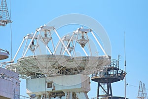 Parabolic antennas of a warship. Radar or radiolocation device.