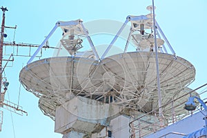 Parabolic antennas of a warship. Radar or radiolocation device.