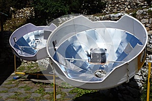 Parabolic solar heaters for hot water, Pangboche, Everest Base Camp trek, Nepal