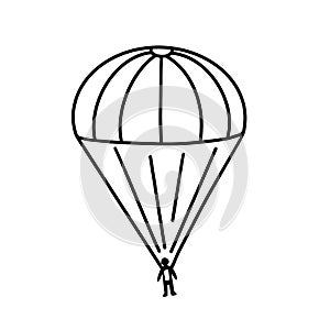Parachute and Black Silhouette Person. Paratrooper, army landing. Vector Illustration for printing, backgrounds, greeting cards,