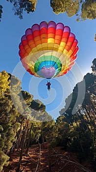 Parachute descent against a clear blue sky