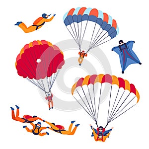 Parachute jump kinds set. Skydiving extreme sport. Vector