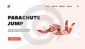 Parachute Jump Landing Page Template. Parachuting, Base Jumping Sport Activity, Extreme Recreation. Skydiver Fall in Sky