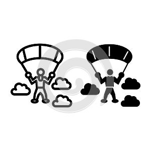 Parachute jumper line and glyph icon. Parachutist and clouds vector illustration isolated on white. Parachuting outline