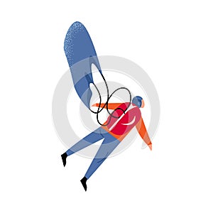 Parachute jumper with a red backpack flying with a blue parachute. Vector illustration in a flat cartoon style.