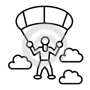 Parachute jumper thin line icon. Parachutist and clouds vector illustration isolated on white. Parachuting outline style