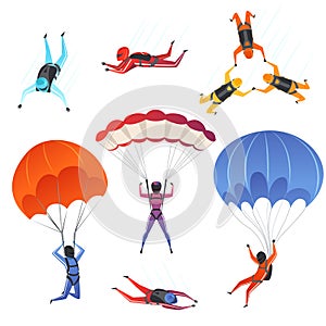 Parachute jumpers. Extreme sport skydiving paragliding male and female sportsmen in sky vector characters