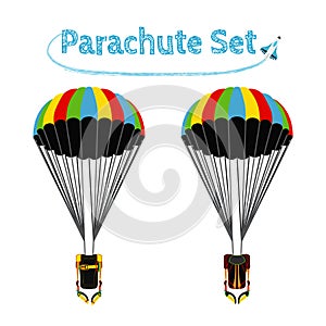 Parachute pack with opened parachute. Skydiving bright extreme sportrs