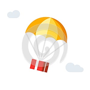 Parachute preset box flying from sky vector flat cartoon icon concept, gift pack send or postal package delivery service