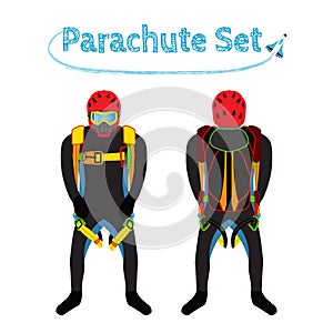 Parachuters set - parachute pack. Bright extreme sport equipment