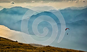 Parachutes flying on sky