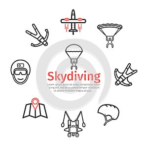 Parachuting banner, line icons. Skydiving. Vector signs for web graphics.