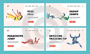Parachuting Extreme Sport Landing Page Template Set. Recreation. Skydiver Characters Make Protracted Jump with Parachute