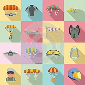 Parachuting icons set, flat style