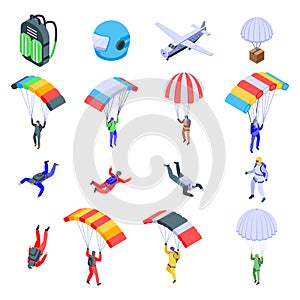 Parachuting icons set, isometric style