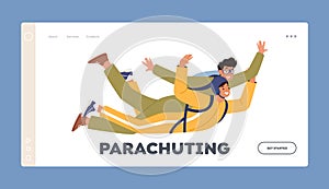 Parachuting Landing Page Template. Skydiving, Extreme Paragliding Activities, Sport Recreation. Skydivers with Parachute