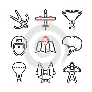 Parachuting line icons. Skydiving. Vector signs for web graphics.