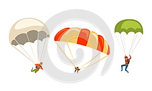 Parachuting Man Paratrooper Descenting Using Parachute Vector Set