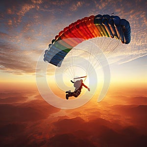 parachuting over a landscape at sunrise