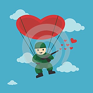 A parachuting soldier with love anti-war peace message