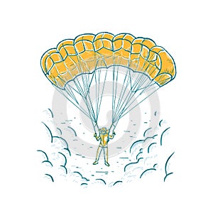 Parachuting sport concept. Sketch vector bright illustration with hand drawn skydiver flying with a parachute