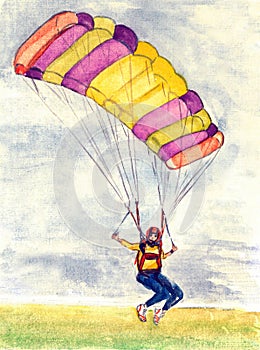 Parachutist on a bright colorful parachute, sky and earth landscape in soft colors palette, hand painted watercolor