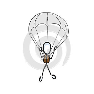 Parachutist jump. Paratrooper fly in the sky. Skydiving. Hand drawn. Stickman cartoon. Doodle sketch, Vector graphic illustration