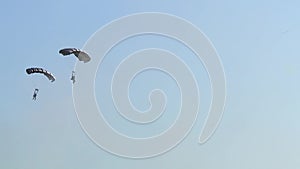 Parachutists circling in the air and down to the ground on the wing-parachute, military landing