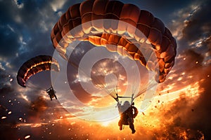 Parachutists fly by parachute in the sunset light