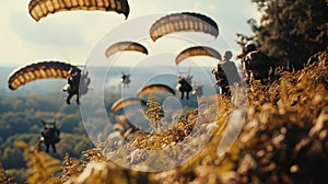 Parachutists military exercise. Many soldiers with parachutes in the sky