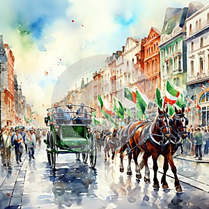 A parade with floats and marchers watercolor