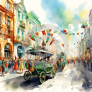 A parade with floats and marchers watercolor
