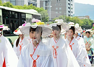 Parade of flowery girls at Gion festival, Kyoto Japan