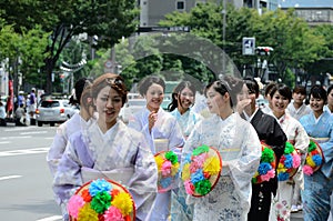 Parade of flowery girls at Gion festival, Kyoto Japan