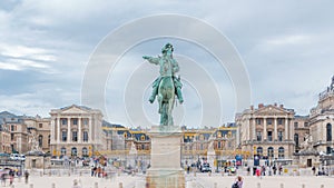 Parade ground of the castle of Versailles with the equestrian statue of Louis XIV timelapse.