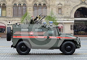 Parade in honor of Victory Day in Moscow. Russian multi-purpose armored car `Tiger-M` military police