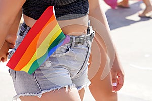 Parade of lesbians and gays. Parade of tolerance. The annual parade LGBT. Rainbow flags at Gay pride parade