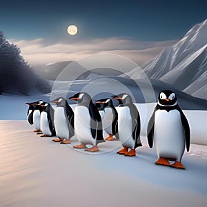 A parade of penguins wearing tuxedos and bowties while sliding on icy slopes under the moonlight2